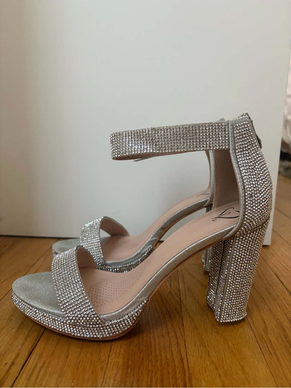 Windsor Silver Crystal Block Heel Sandals with Ankle Strap